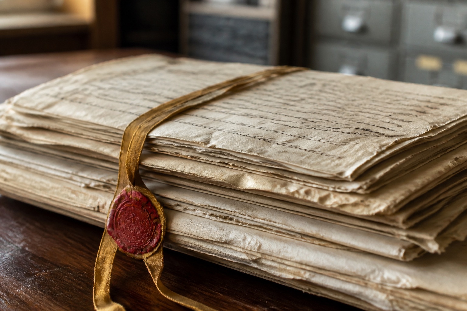 Cahiers manuscrits empilés, ruban et sceau de cire brisé, table de bois ciré