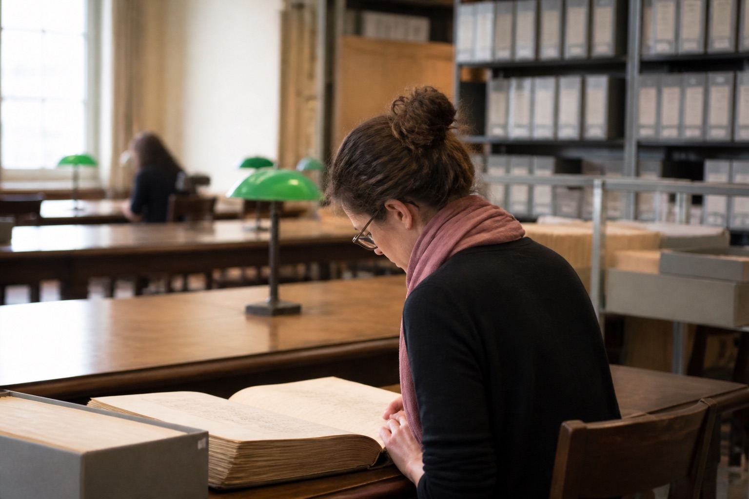 Salle de lecture d'archives, tables sous lampes vertes et rayonnages de boîtes grises