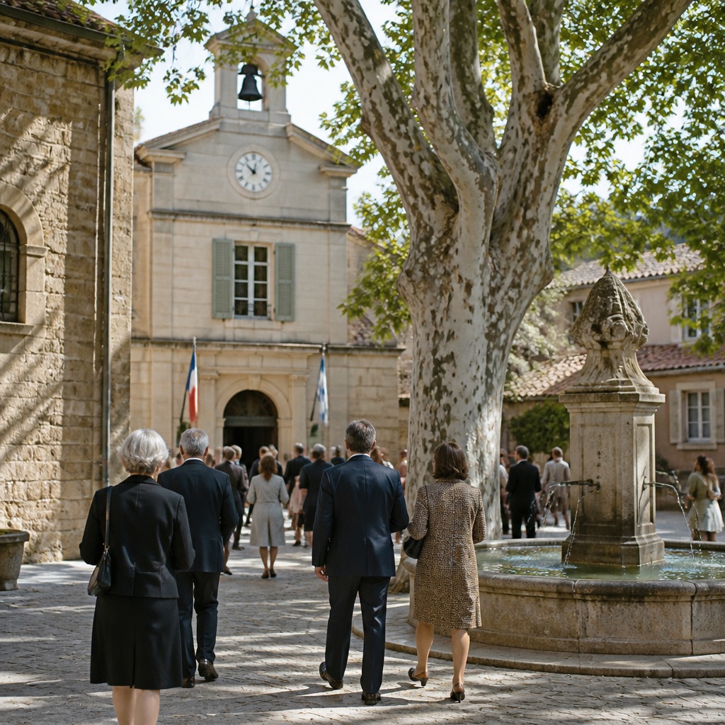 Place de village avec mairie-école, platane centenaire et fontaine, lumière de fin de matinée