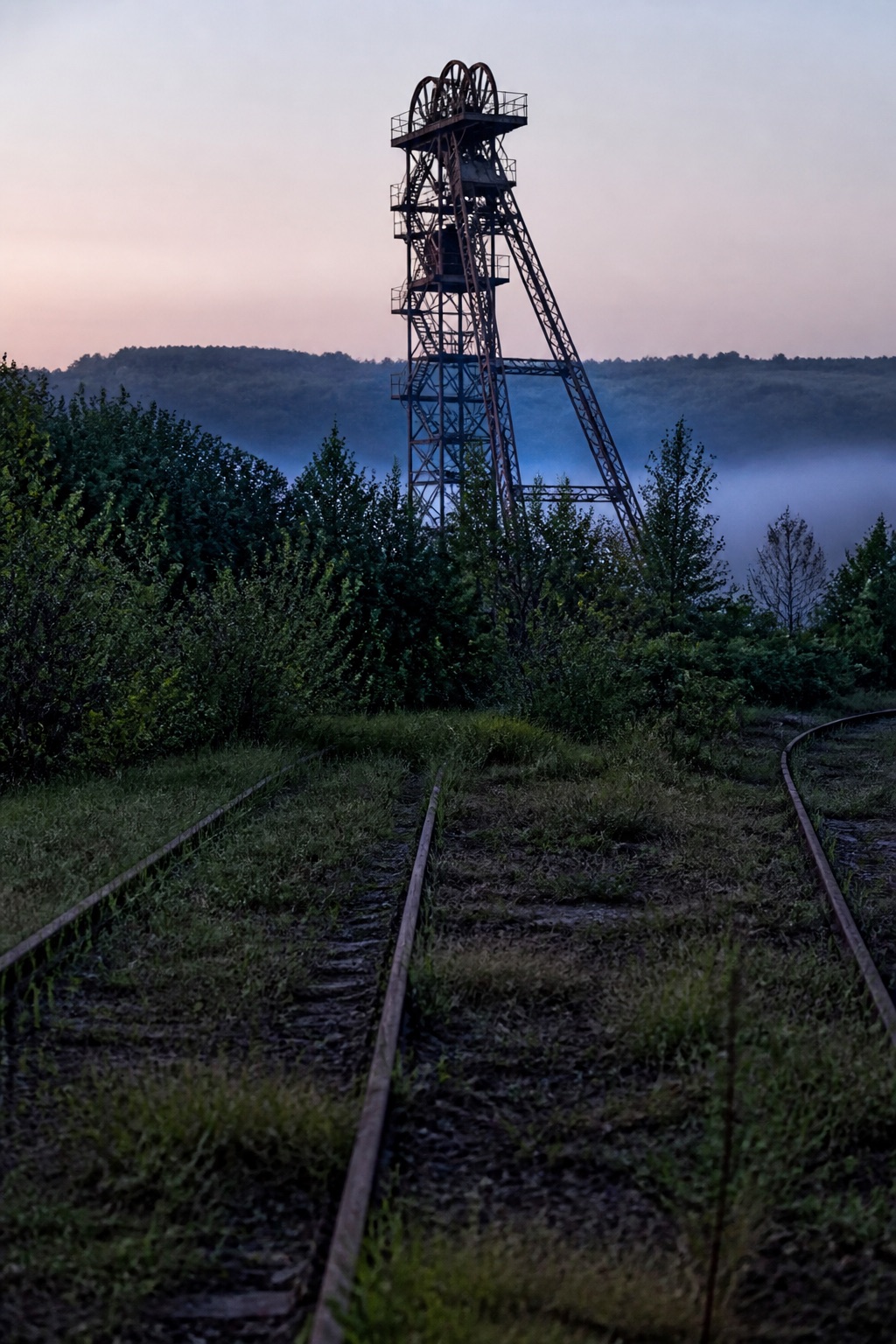 Chevalement de mine en treillis d'acier au-dessus des terrils boisés, brume d'aube sur le bassin