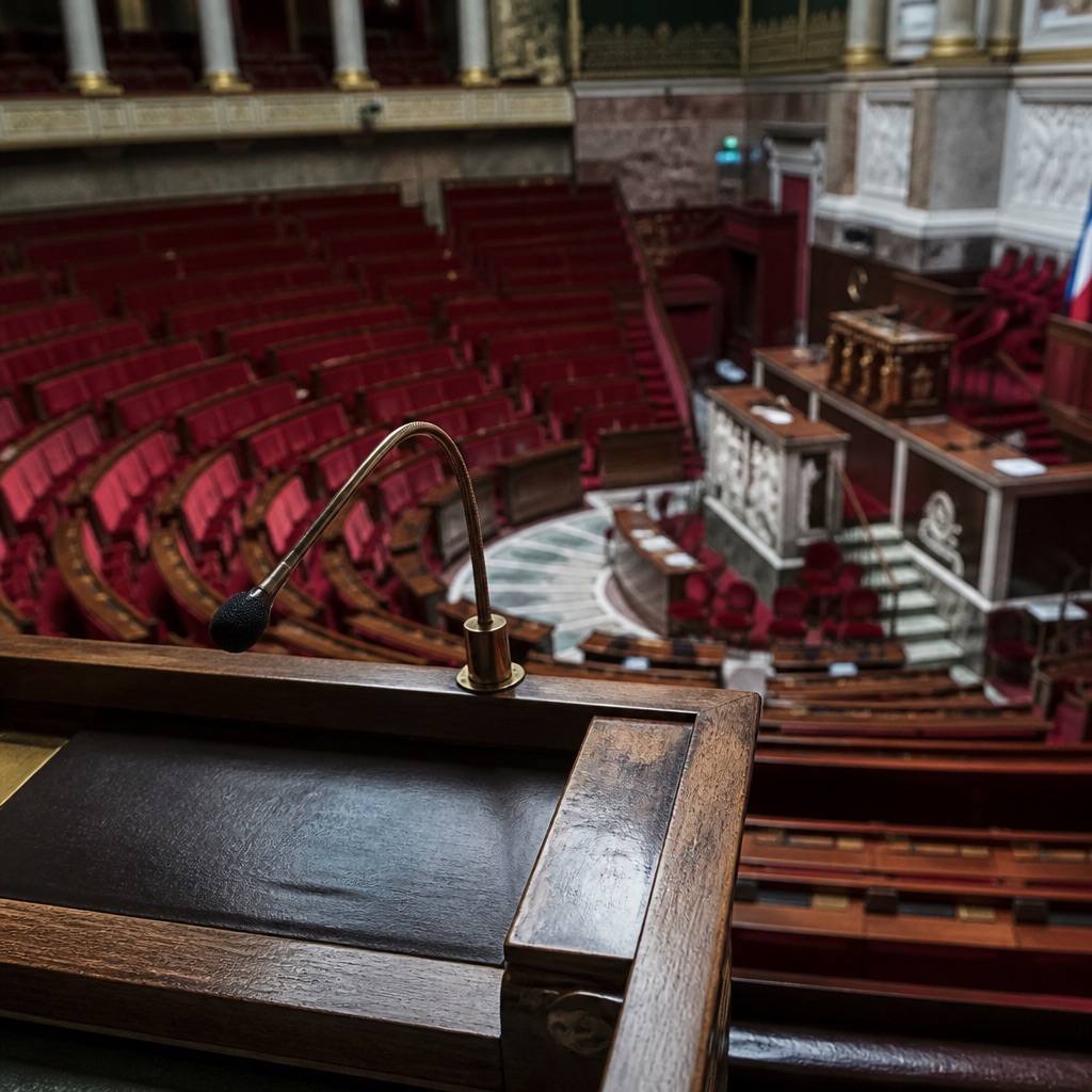 Tribune d'orateur et hémicycle vides d'une assemblée française, boiseries et velours délavé