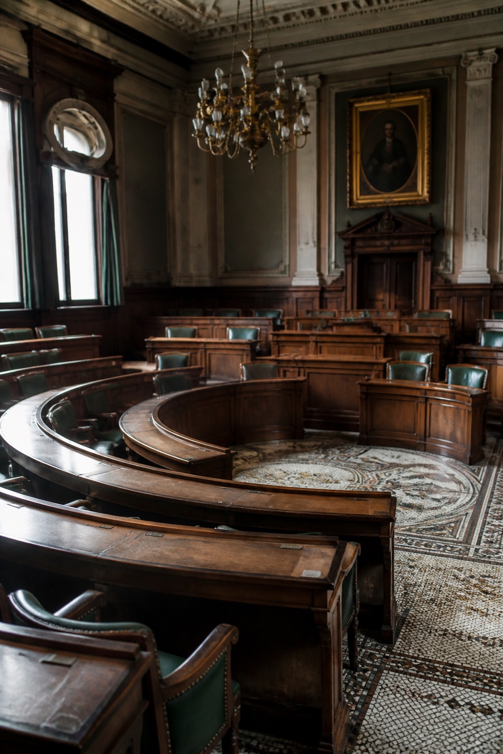 Hémicycle en bois d'une assemblée départementale, pupitres incurvés et fauteuils vides sous un lustre de laiton