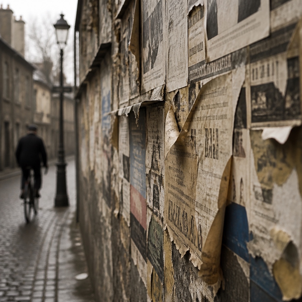 Mur de rue couvert d'affiches et de tracts politiques superposés, papiers déchirés des années 1930