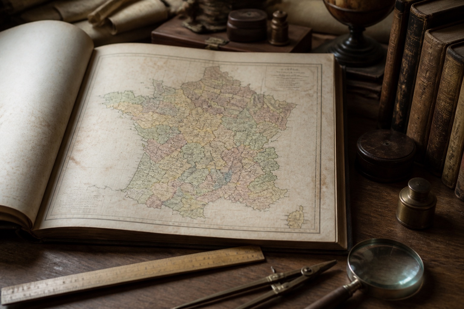 Atlas ouvert sur une carte de France aux départements coloriés à la main, règle et compas posés à côté