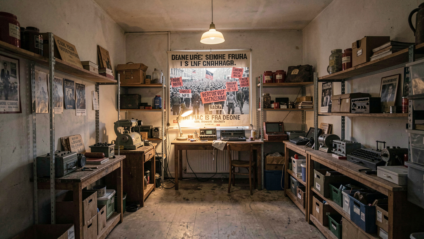 Une salle des fêtes de village en Bourgogne du Sud, chaises alignées face à un comédien seul près d'un clavier, lumière rasante d'un projecteur posé au sol, en fin d'après-midi.